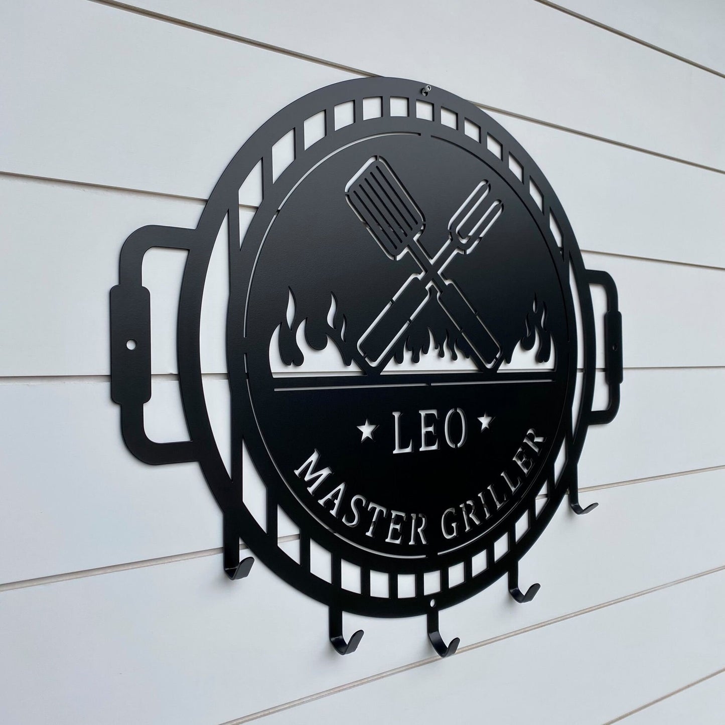 Grill Name Sign with Metal Hooks for hanging Grilling Utensils, Master of the Grill Metal Sign with utensil hangers, Custom Fathers Day Gift