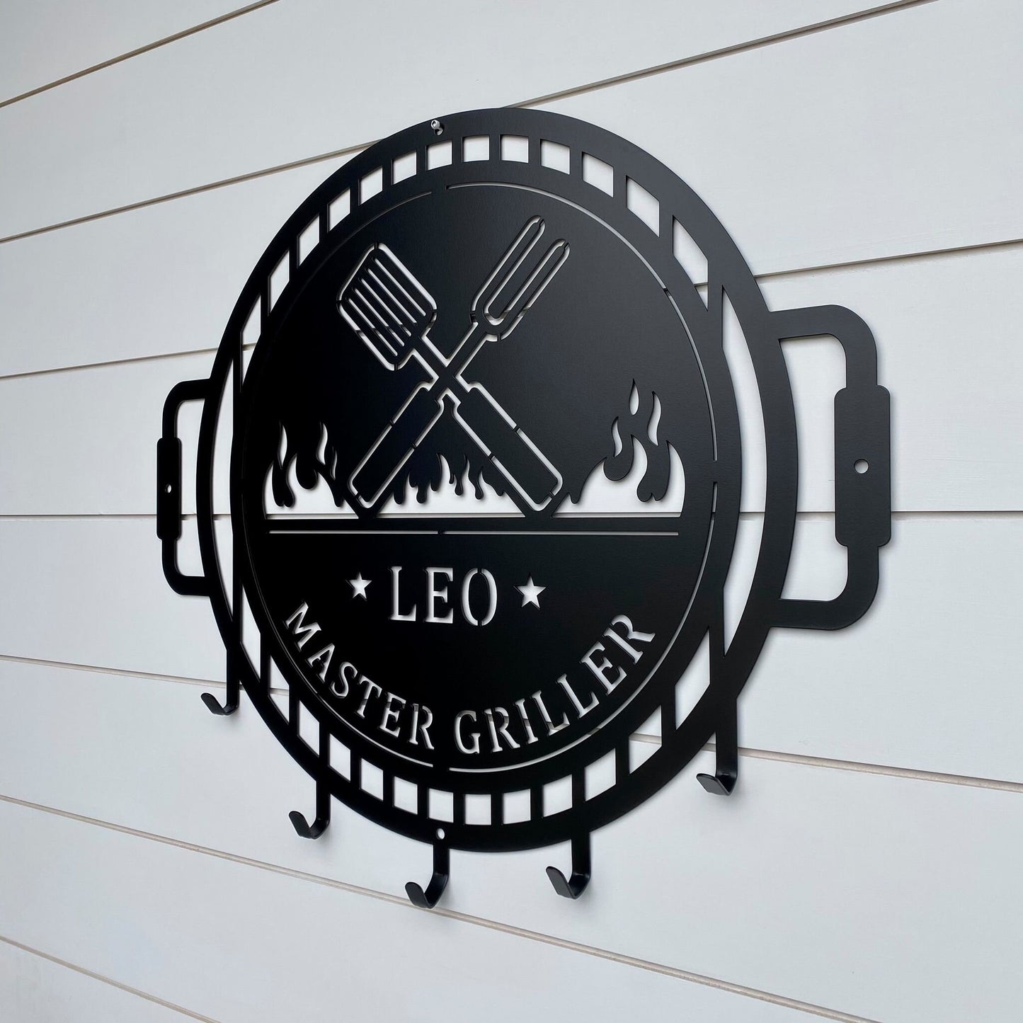 Grill Name Sign with Metal Hooks for hanging Grilling Utensils, Master of the Grill Metal Sign with utensil hangers, Custom Fathers Day Gift