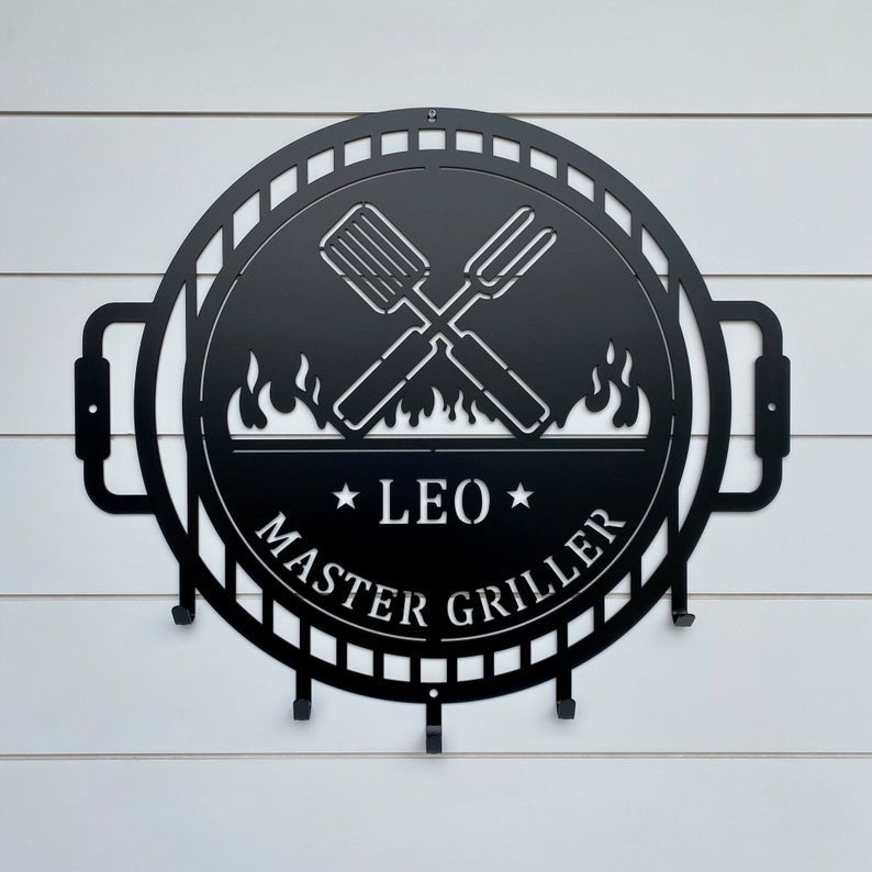 Grill Name Sign with Metal Hooks for hanging Grilling Utensils, Master of the Grill Metal Sign with utensil hangers, Custom Fathers Day Gift