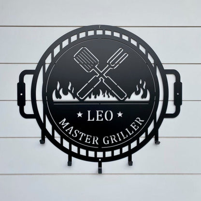 Grill Name Sign with Metal Hooks for hanging Grilling Utensils, Master of the Grill Metal Sign with utensil hangers, Custom Fathers Day Gift