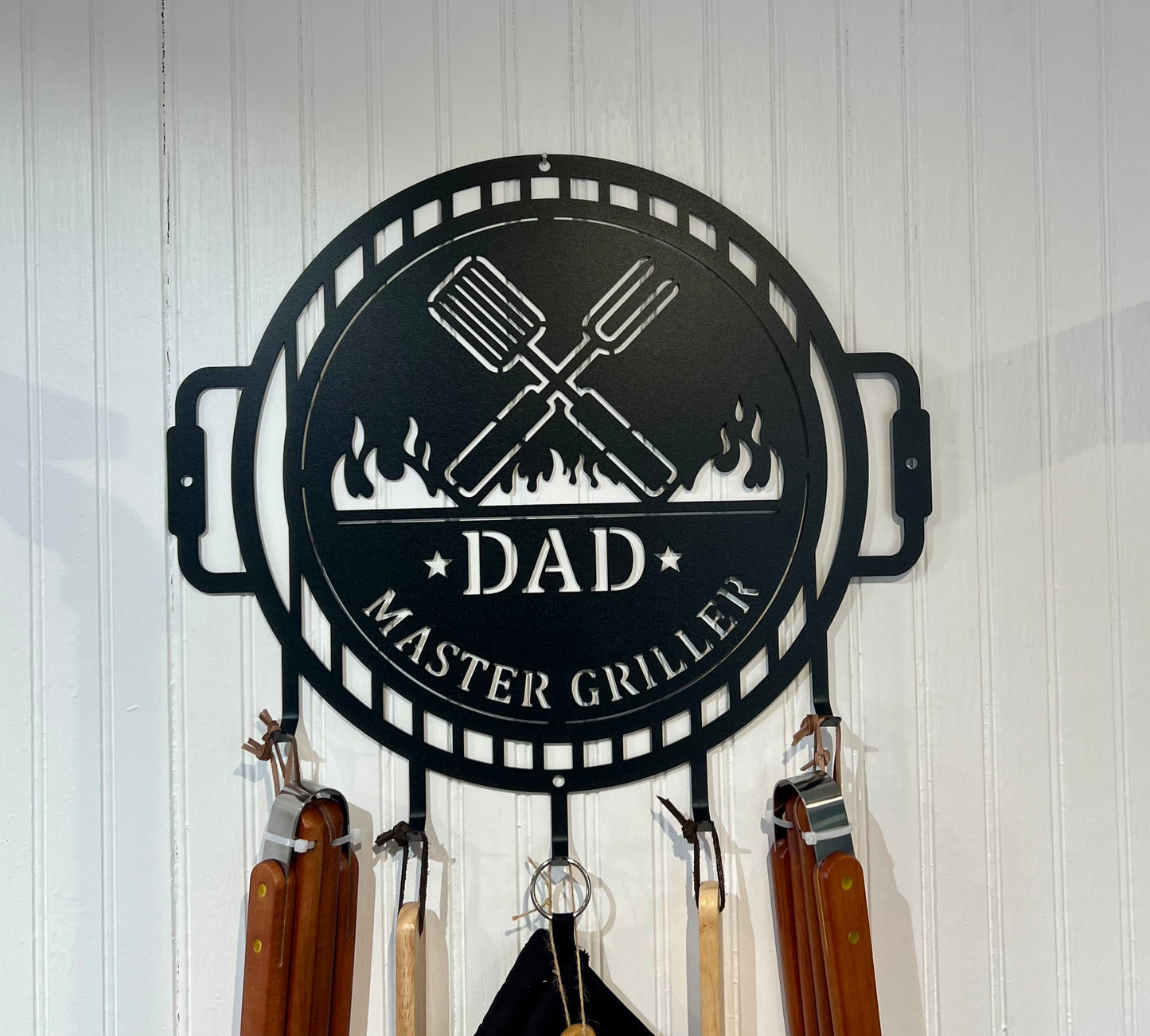 Grill Name Sign with Metal Hooks for hanging Grilling Utensils, Master of the Grill Metal Sign with utensil hangers, Custom Fathers Day Gift