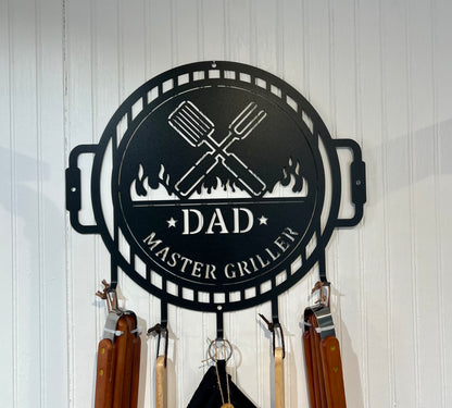 Grill Name Sign with Metal Hooks for hanging Grilling Utensils, Master of the Grill Metal Sign with utensil hangers, Custom Fathers Day Gift