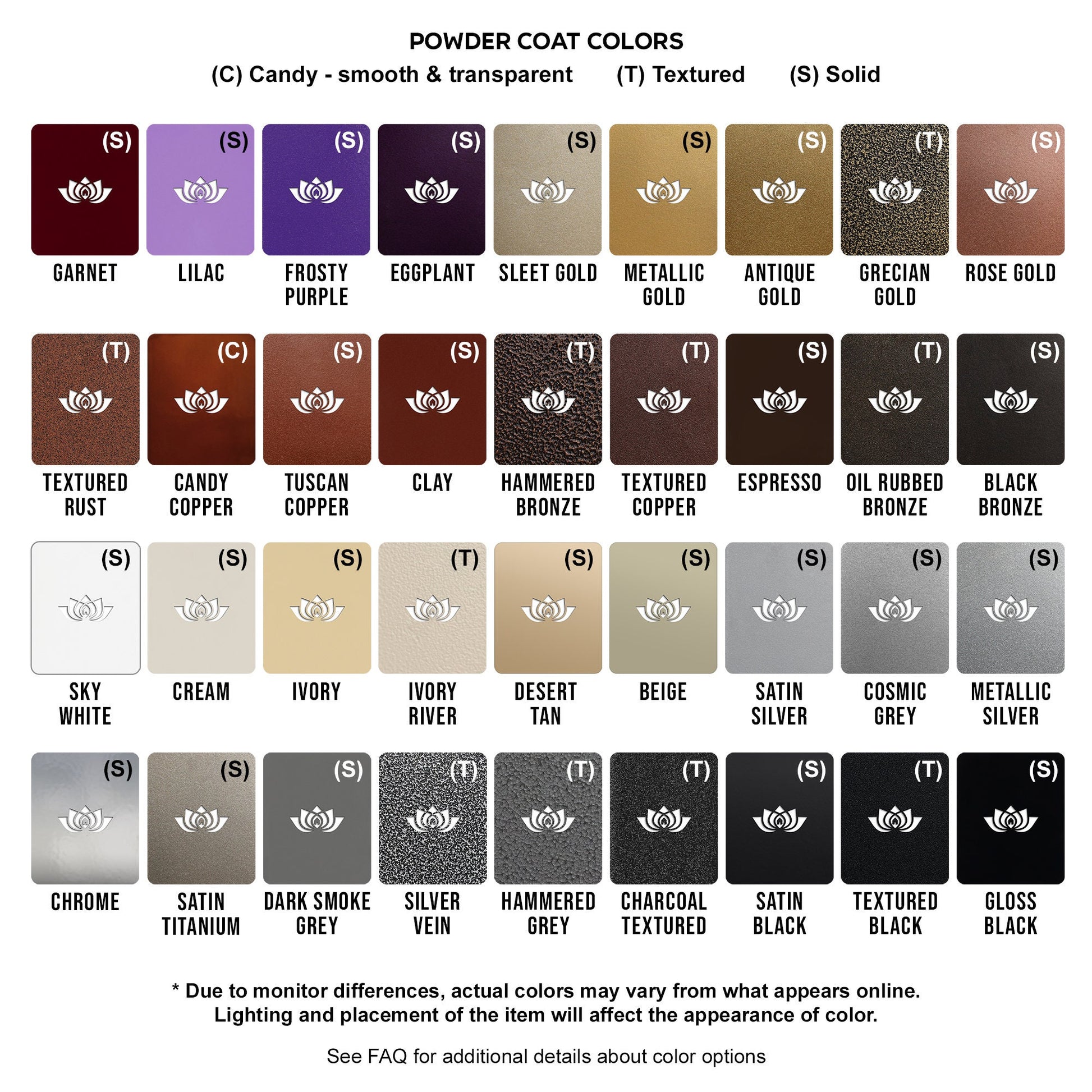 Color Chart (Part 2 of 2) with Powder Coat Color Options - Colors Include but are not limited to: Various shades of gold, bronze, copper, white, ivory, silver, grey, black, and raw metal options