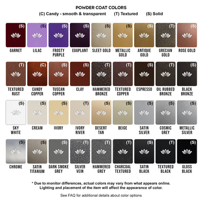 Color Chart (Part 2 of 2) with Powder Coat Color Options - Colors Include but are not limited to: Various shades of gold, bronze, copper, white, ivory, silver, grey, black, and raw metal options