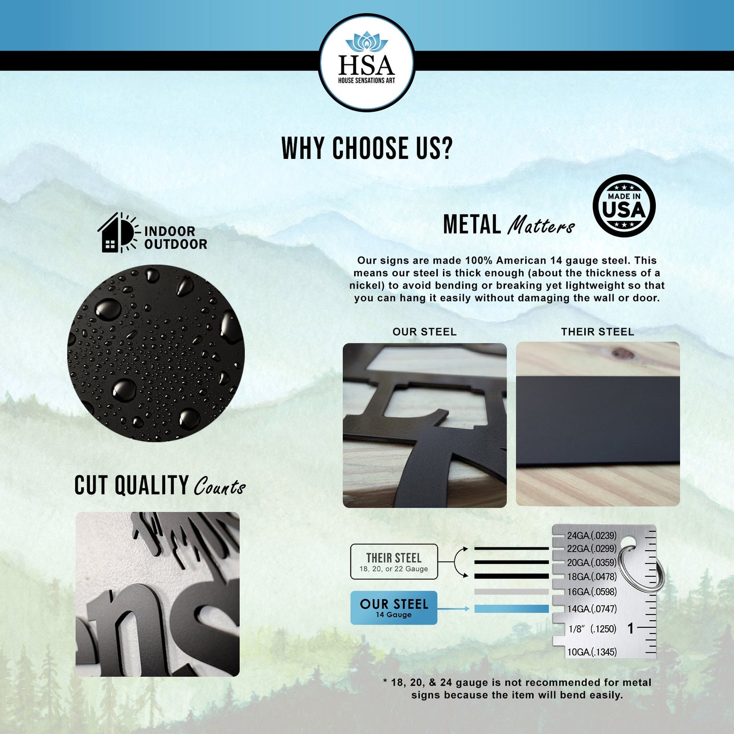 Why Choose Us Explanation Chart - We focus on quality! Signs are indoor & outdoor safe plus we use high grade metal and produce high quality cuts.