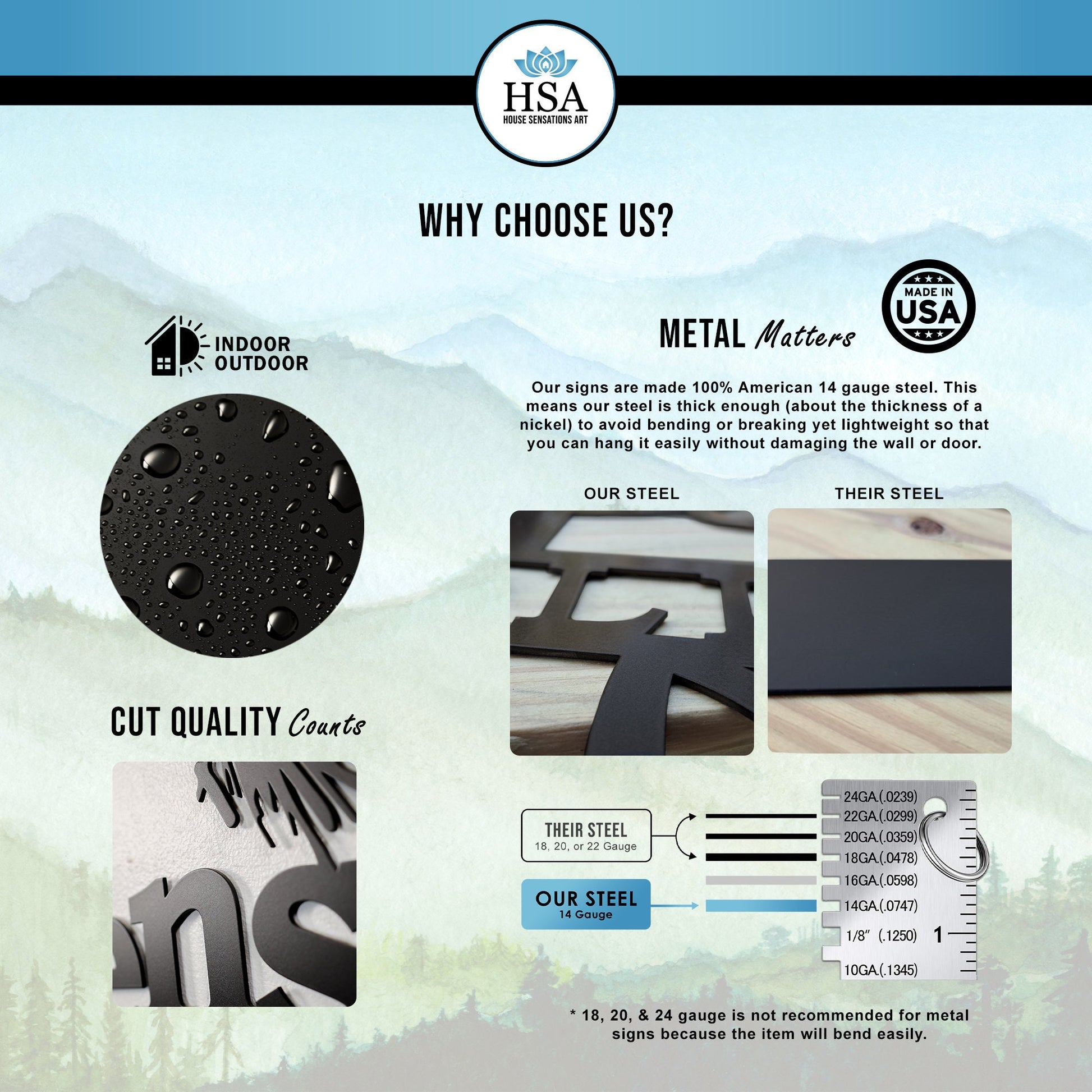 Why Choose Us Explanation Chart - We focus on quality! Signs are indoor & outdoor safe plus we use high grade metal and produce high quality cuts.