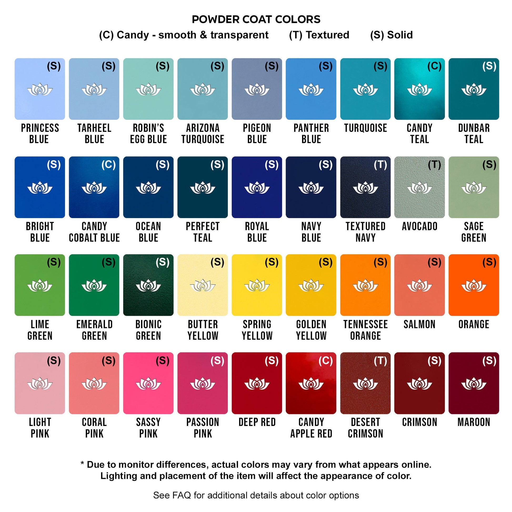 Color Chart (Part 1 of 2) with Powder Coat Color Options - Colors Include but are not limited to: Various shades of blue, turquoise, teal, navy, green, yellow, gold, orange, pink, red, purple