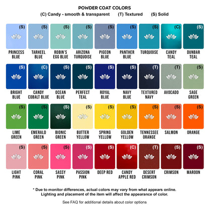 Color Chart (Part 1 of 2) with Powder Coat Color Options - Colors Include but are not limited to: Various shades of blue, turquoise, teal, navy, green, yellow, gold, orange, pink, red, purple