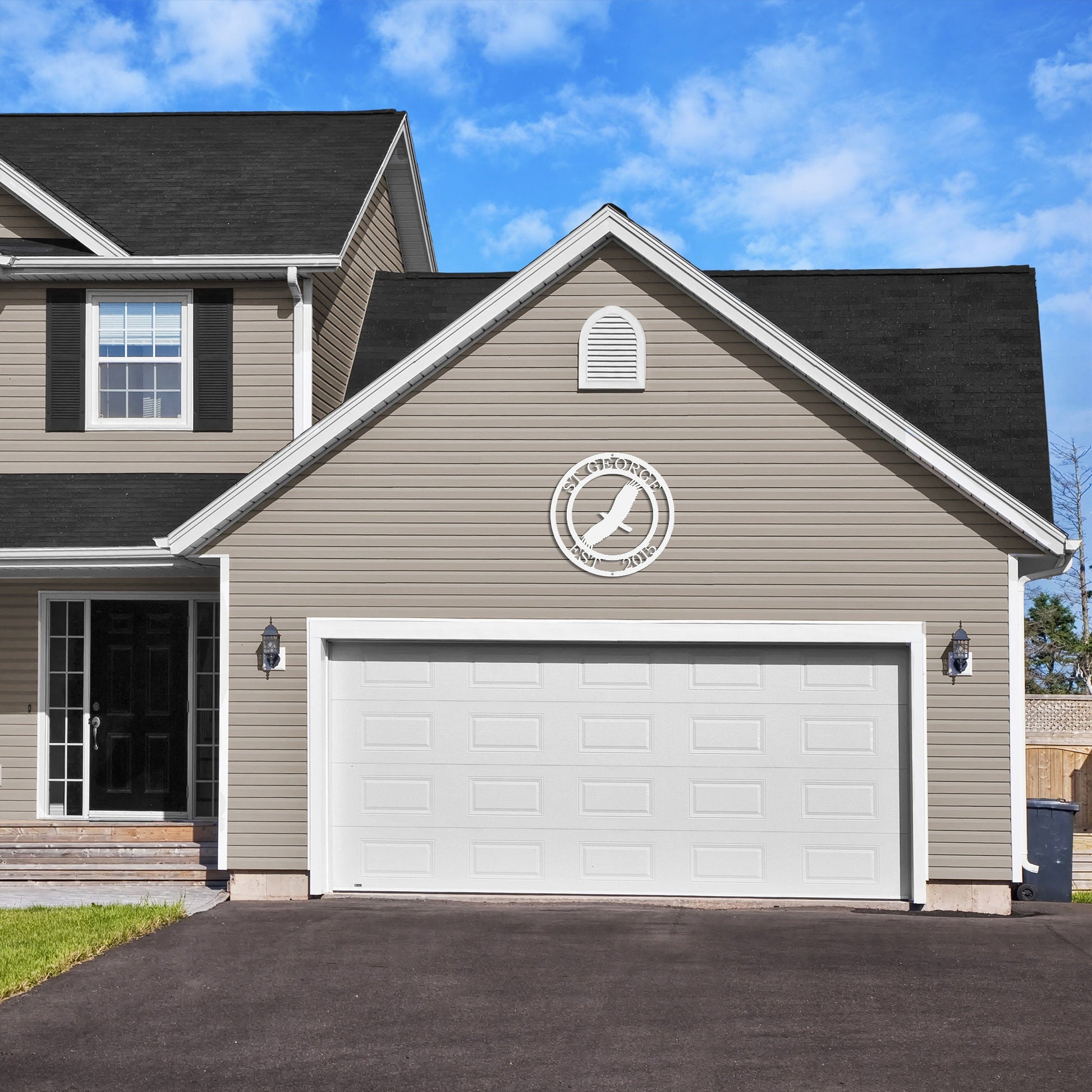 Soaring Eagle Personalized Metal Sign shown in Sky White with example of personalized text displayed on exterior gable of home