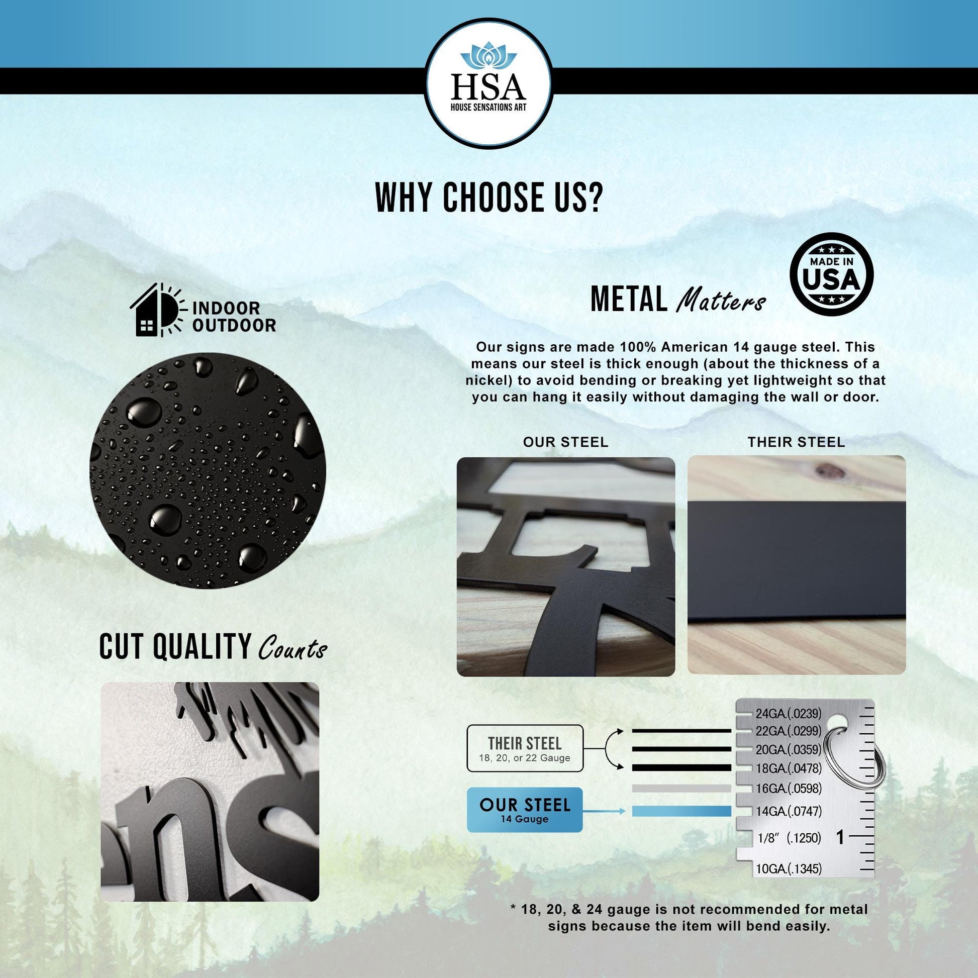 Why Choose Us Explanation Chart - 

We focus on quality! Signs are indoor & outdoor safe plus we use high grade metal and produce high quality cuts.