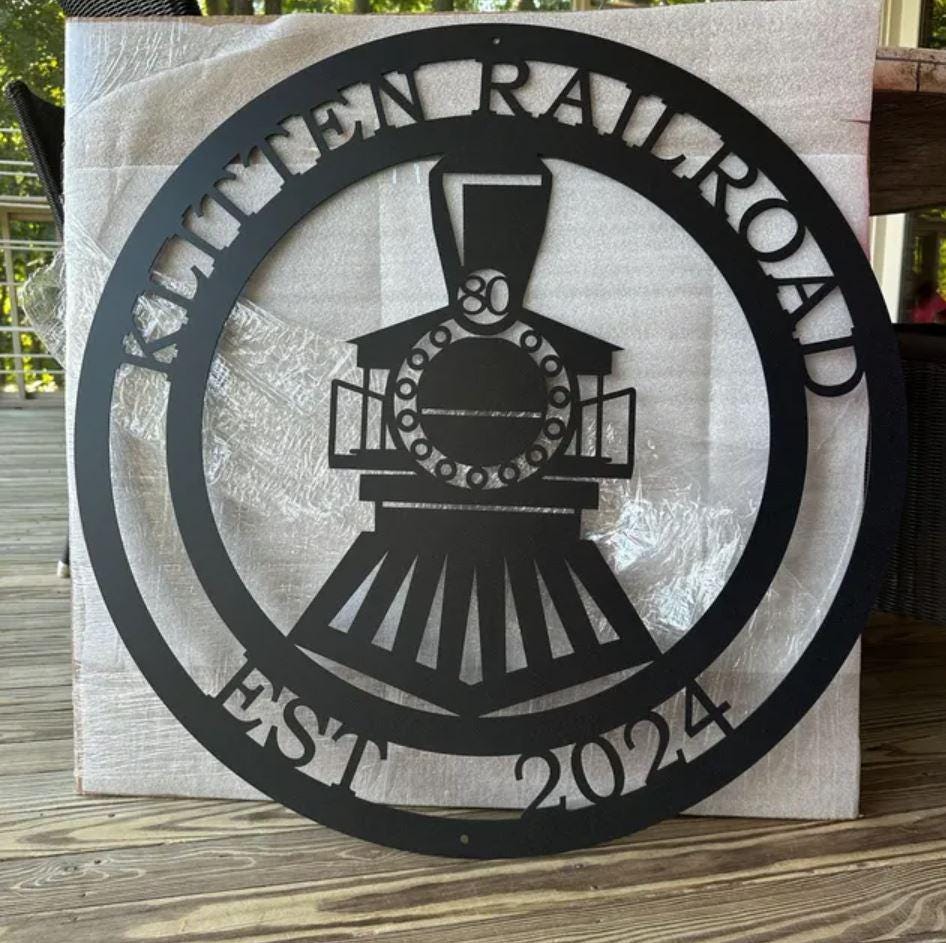 Personalized Metal Train Sign shown with custom text in Black
