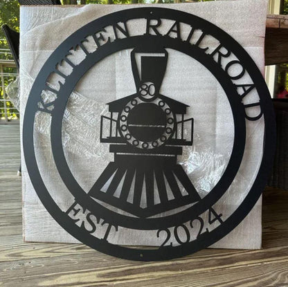 Personalized Metal Train Sign shown with custom text in Black
