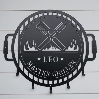 Grill Name Sign with Metal Hooks for hanging Grilling Utensils, Master of the Grill Metal Sign with utensil hangers, Custom Fathers Day Gift