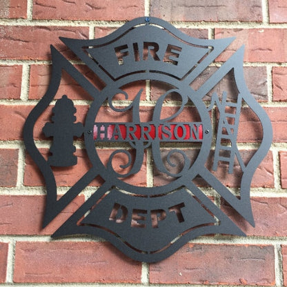 Firefighter Metal Maltese Cross w/ Ladder | Custom Metal Fire Department Sign|  Monogram Door  Hanger | Firefighter gift |