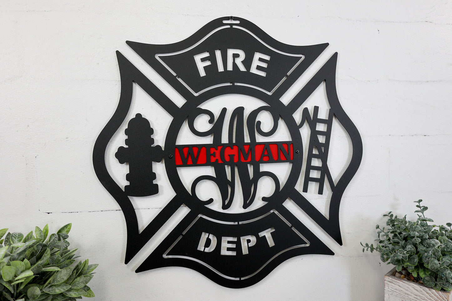 Firefighter Metal Maltese Cross w/ Ladder | Custom Metal Fire Department Sign|  Monogram Door  Hanger | Firefighter gift |